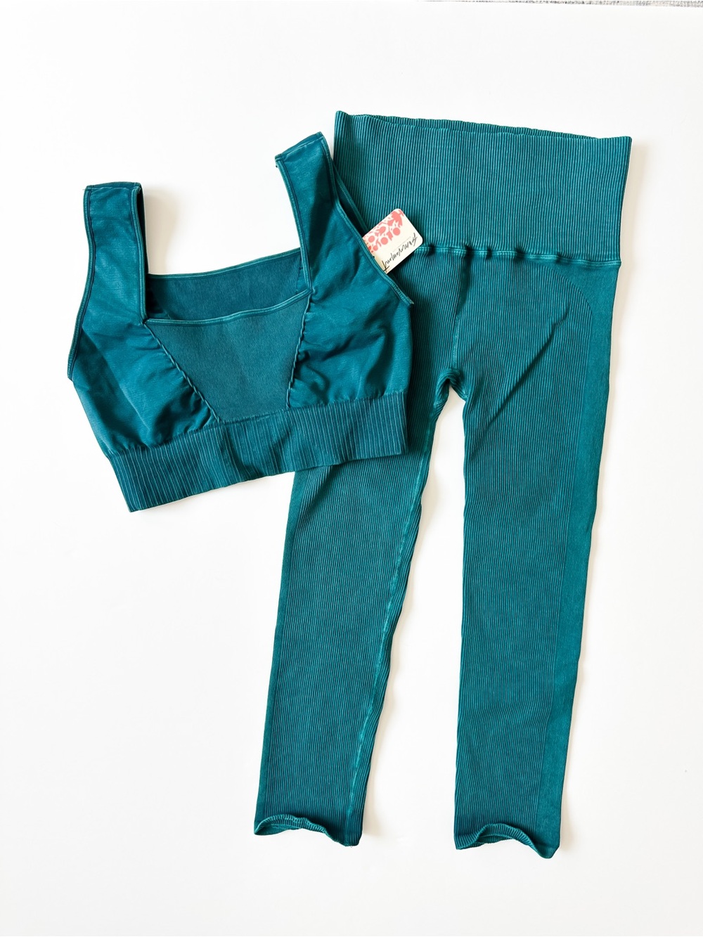 Free People Movement Women’s Teal Ribbed Matching Bra/Leggings Set - Size XLArge - Picture 1 of 9